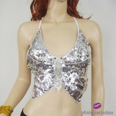 Butterfly Belly Dance Sequined Top Silver / One Size