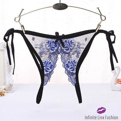 Exotic Open Crotch Lacy Thong Blue