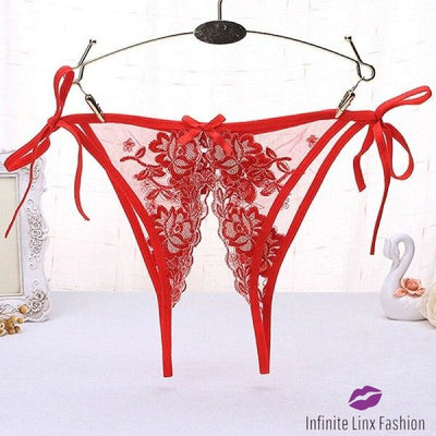 Exotic Open Crotch Lacy Thong Red