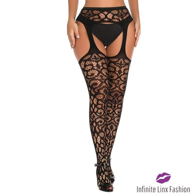 Thigh-High Garter Stocking Black Paisley Lace / One Size