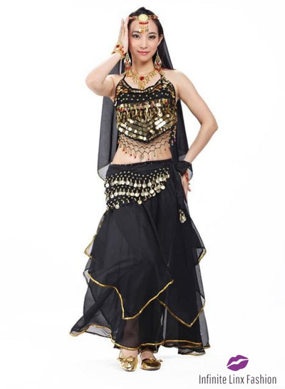 Belly Dance Top & Skirt With Belt Veil Black / One Size