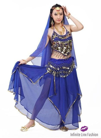 Belly Dance Top & Skirt With Belt Veil Dark Blue / One Size