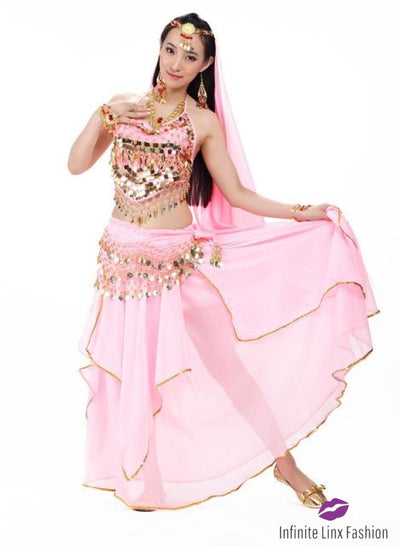 Belly Dance Top & Skirt With Belt Veil Pink / One Size