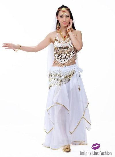 Belly Dance Top & Skirt With Belt Veil White / One Size