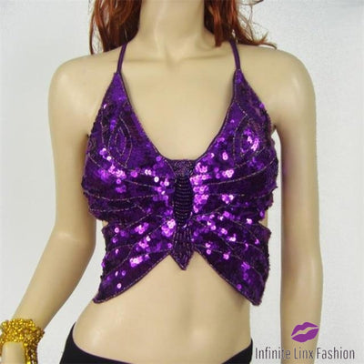 Butterfly Belly Dance Sequined Top Purple / One Size