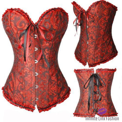 Floral And Ruffles Corset Dark Red / Xxl
