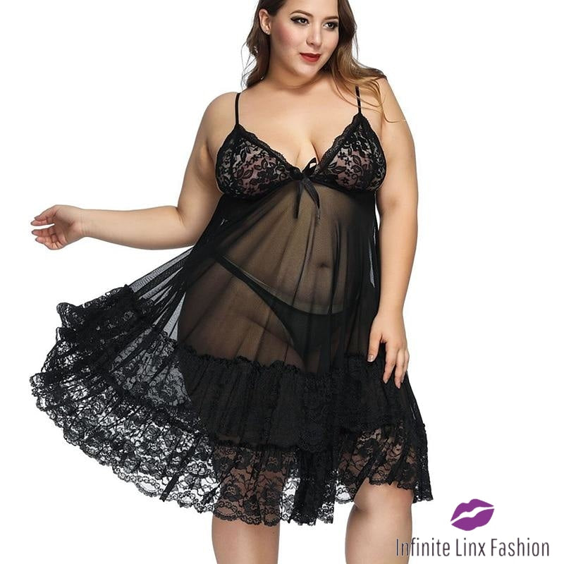 Black Plus Size Babydoll Lingerie + G String XL 2XL 3XL 4XL 5XL 6XL Sheer  Lace