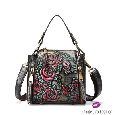 Roses Hand Bag | Genuine Leather Silver