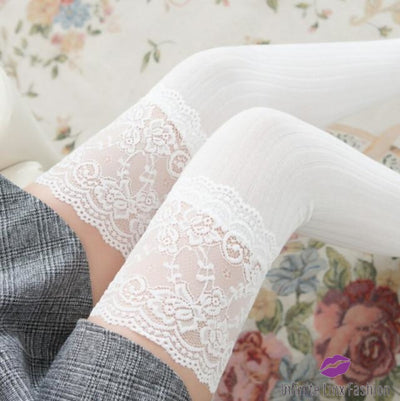 Thigh High With Lace Band White