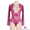 V-Neck Long Sleeve Lace Teddy Wine Red / S/m