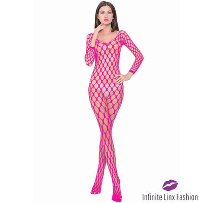 Vibrant Fishnet Bodystocking Style 1 Rose Red / One Size